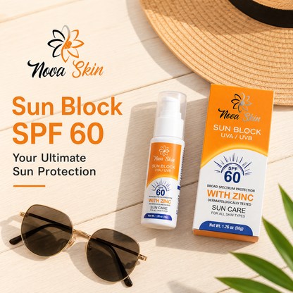Nova Skin Sun Block SPF 60 – Broad Spectrum UVA/UVB Protection with Zinc (50g)
