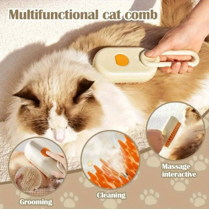 3-in-1 Steam Cat Grooming Brush – Self-Cleaning Pet Hair Remover, Spray Massage & Deshedding Comb