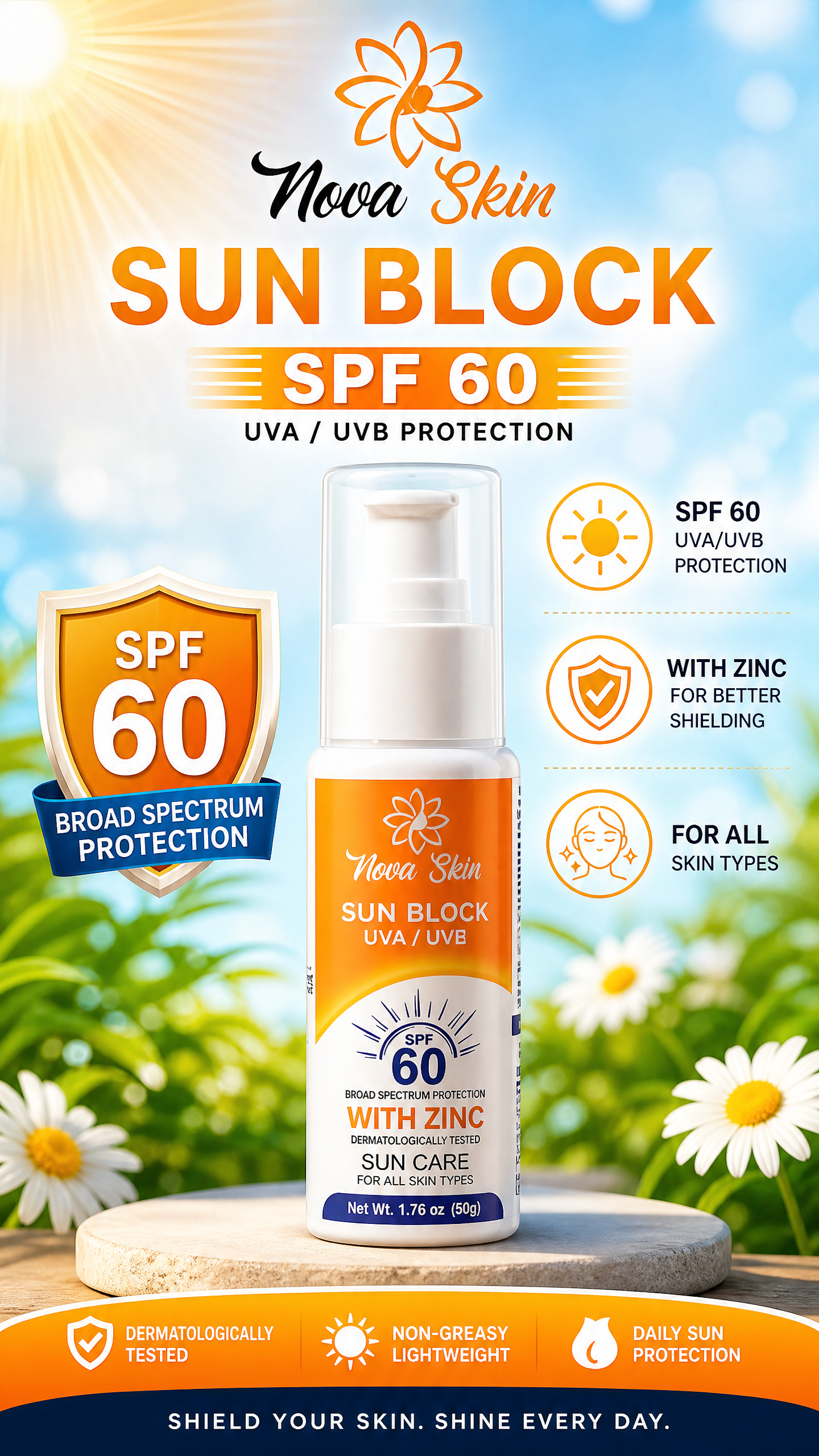 Nova Skin Sun Block SPF 60 – Broad Spectrum UVA/UVB Protection with Zinc (50g)