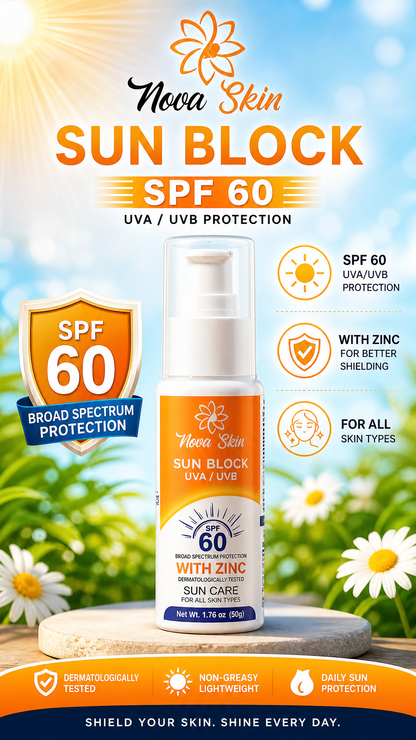 Nova Skin Sun Block SPF 60 – Broad Spectrum UVA/UVB Protection with Zinc (50g)