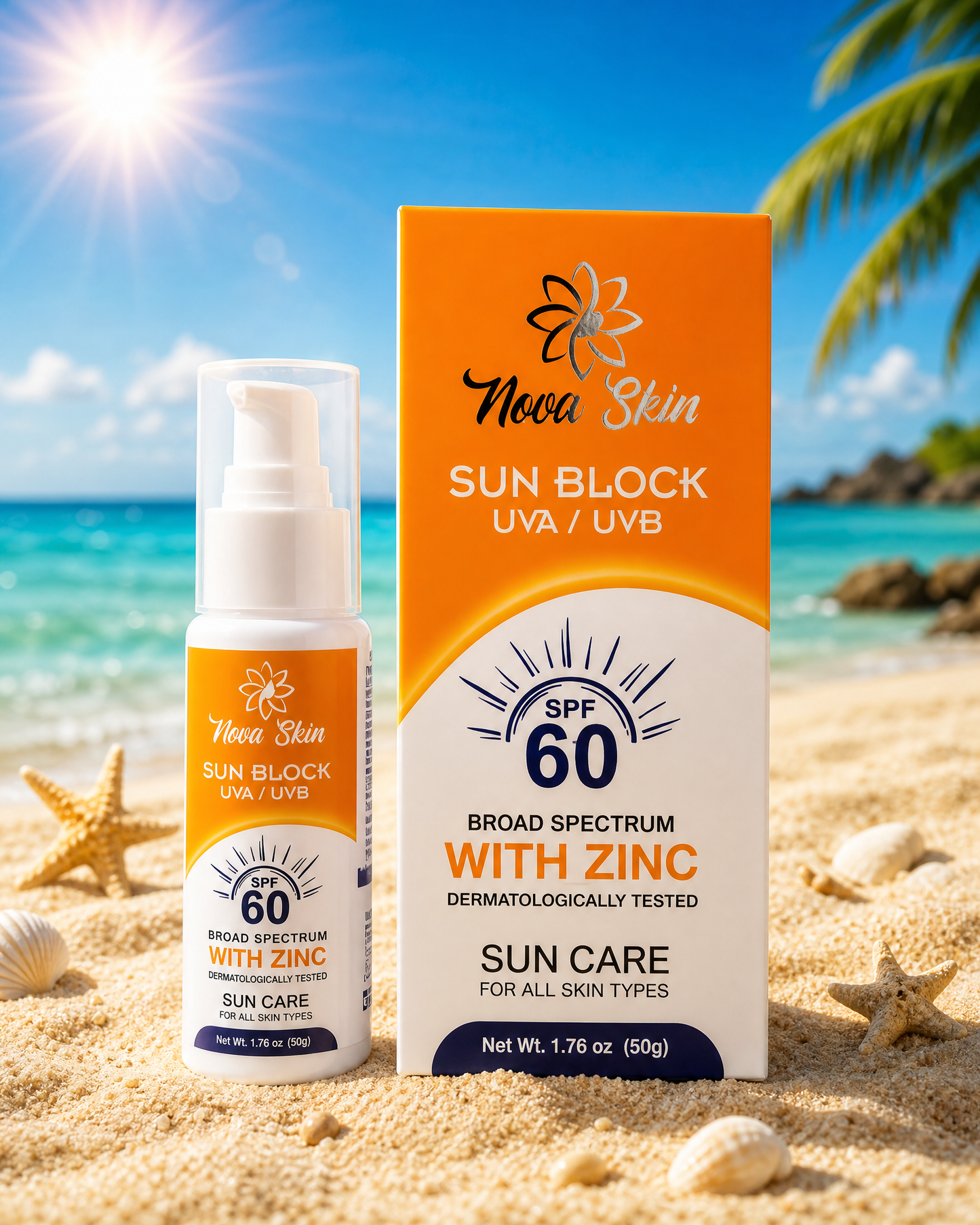 Nova Skin Sun Block SPF 60 – Broad Spectrum UVA/UVB Protection with Zinc (50g)
