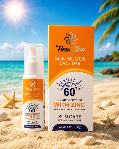 Nova Skin Sun Block SPF 60 – Broad Spectrum UVA/UVB Protection with Zinc (50g)