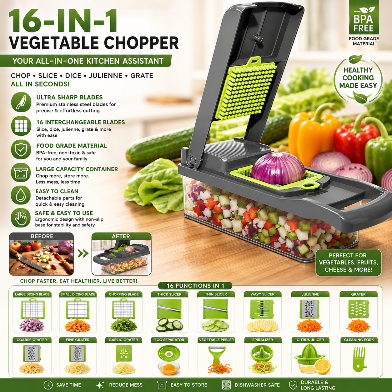 16-in-1 Multi-Function Vegetable Cutter Set – Kitchen Chopper, Slicer & Dicer