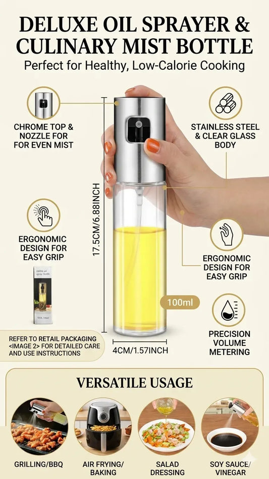 Premium Edible Oil Spray Bottle 100ml β Refillable Fine Mist Cooking Sprayer for Kitchen & BBQ