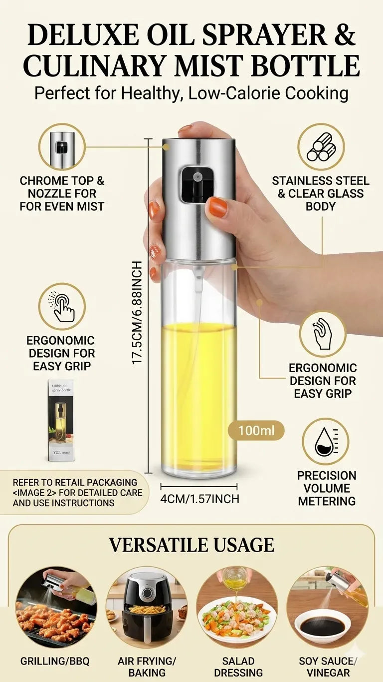 Premium Edible Oil Spray Bottle 100ml – Refillable Fine Mist Cooking Sprayer for Kitchen & BBQ