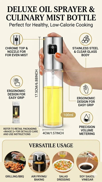 Premium Edible Oil Spray Bottle 100ml – Refillable Fine Mist Cooking Sprayer for Kitchen & BBQ