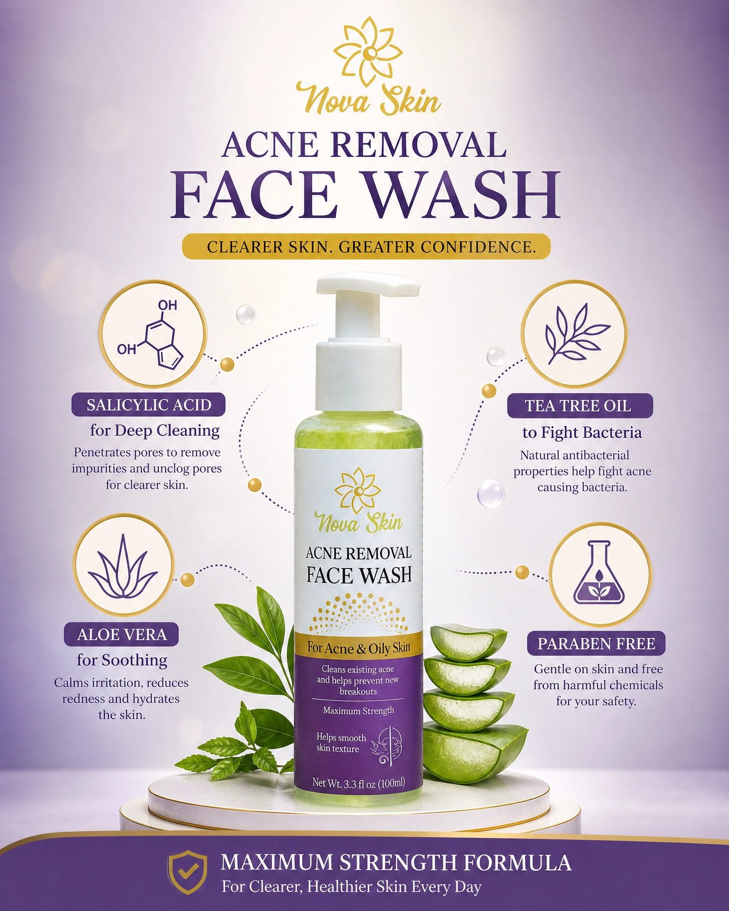 Nova Skin Acne Removal Face Wash for Acne & Oily Skin | Deep Clean Facial Cleanser | Oil Control & Smooth Skin (100ml)